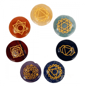 Set of 7 Gold Coloured Chakra Symbols on Round Semiprecious Stones