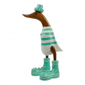 Wooden Duck Striped with Hat and Boots Turquoise - 28 x 16 cm