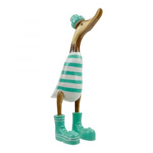 Wooden Duck Striped with Hat and Boots Turquoise - 35 x 17 cm
