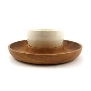 Round Wooden Snack Tray with Ceramic Bowl