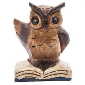 Wooden Statue of Owl on Book (13 cm)