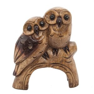 Statue Two Wooden Owls on a Branch (21 x 17 cm)