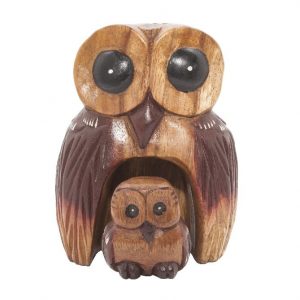 Acacia Wood Sculpture Owl with Chick (30 cm)
