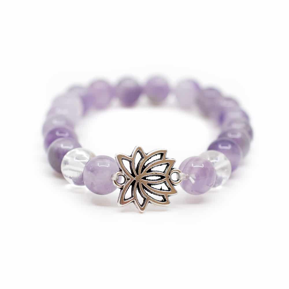 Gemstone Bracelet Amethyst / Rock Crystal with Lotus