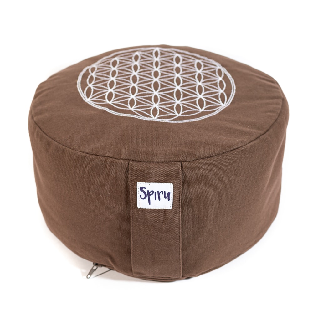 Spiru Meditation Cushion Round Cotton Brown - Flower of Life - 30 x 15 cm