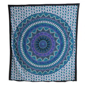 Authentic Mandala Tapestry Cotton Blue and Purple with Flowers (240 x 210 cm)