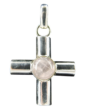 Rose Quartz Pendant in Silver Wide Cross