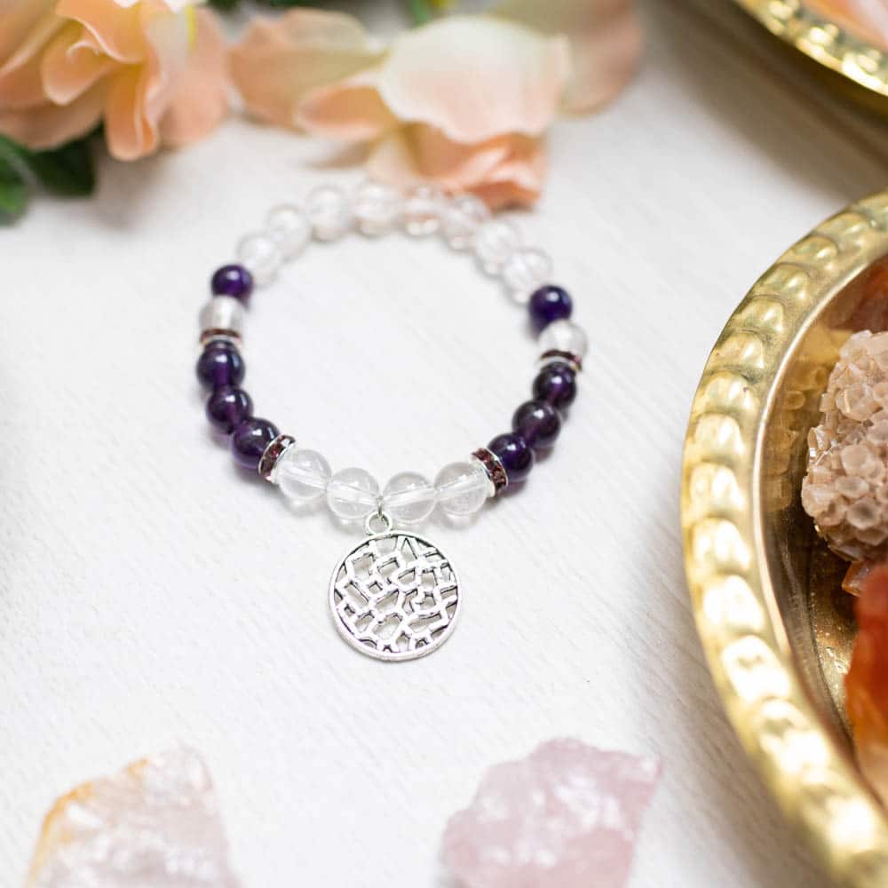 gemstone bead bracelet rock crystal amethyst lotus charm