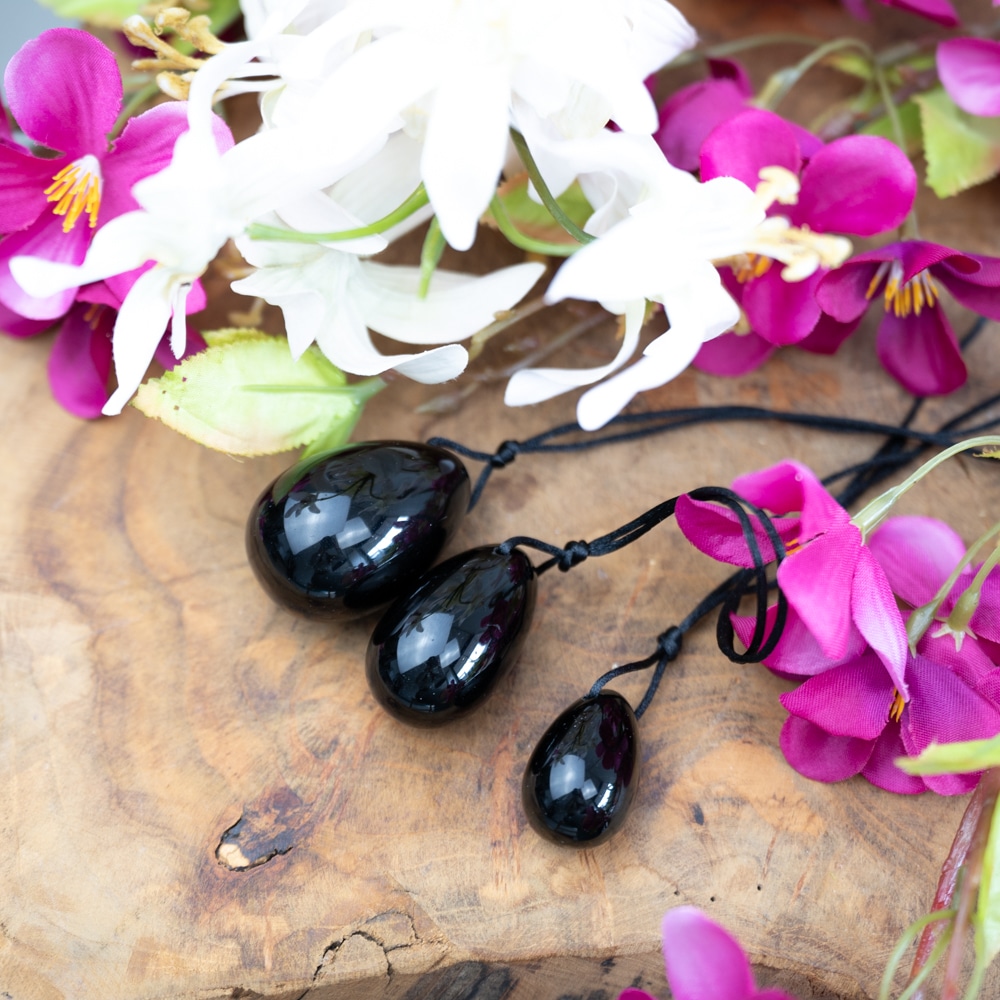 black obsidian yoni egg set with flowers
