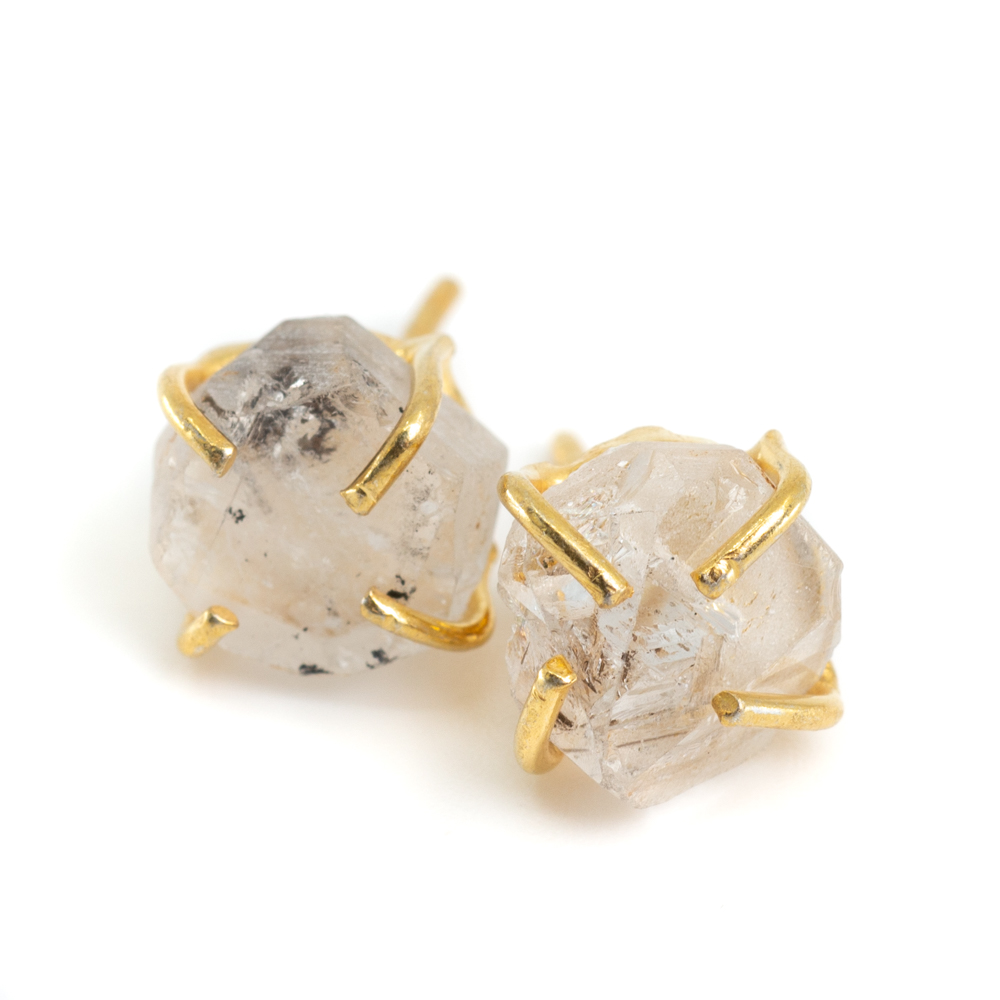 Gemstone Stud Earrings Raw Herkimer Diamond - 925 Silver and Gold Plated