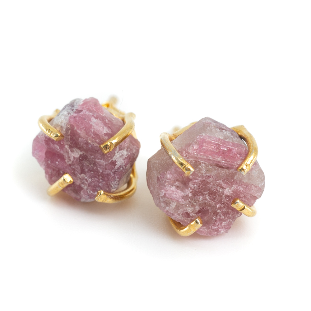 Gemstone Stud Earrings Raw Pink Tourmaline - 925 Silver- Gold Plated