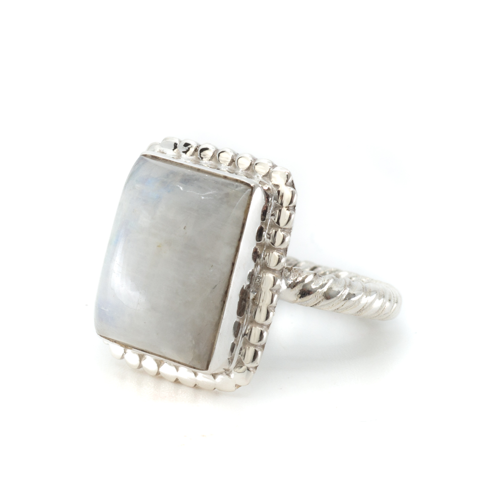 Gemstone Ring Rainbow Moonstone 925 Silver "Kasasha" (Size 17)