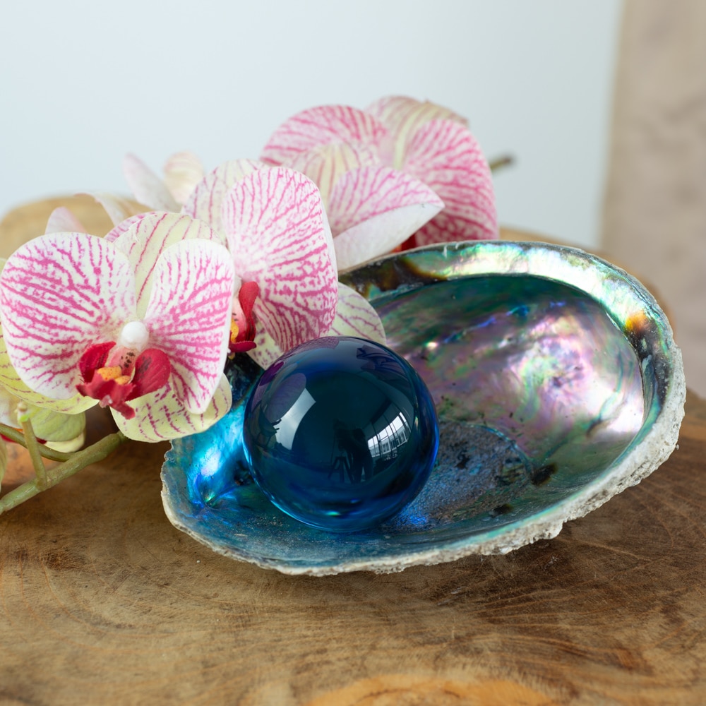 abalone shell with throat chakra glass ball blue
