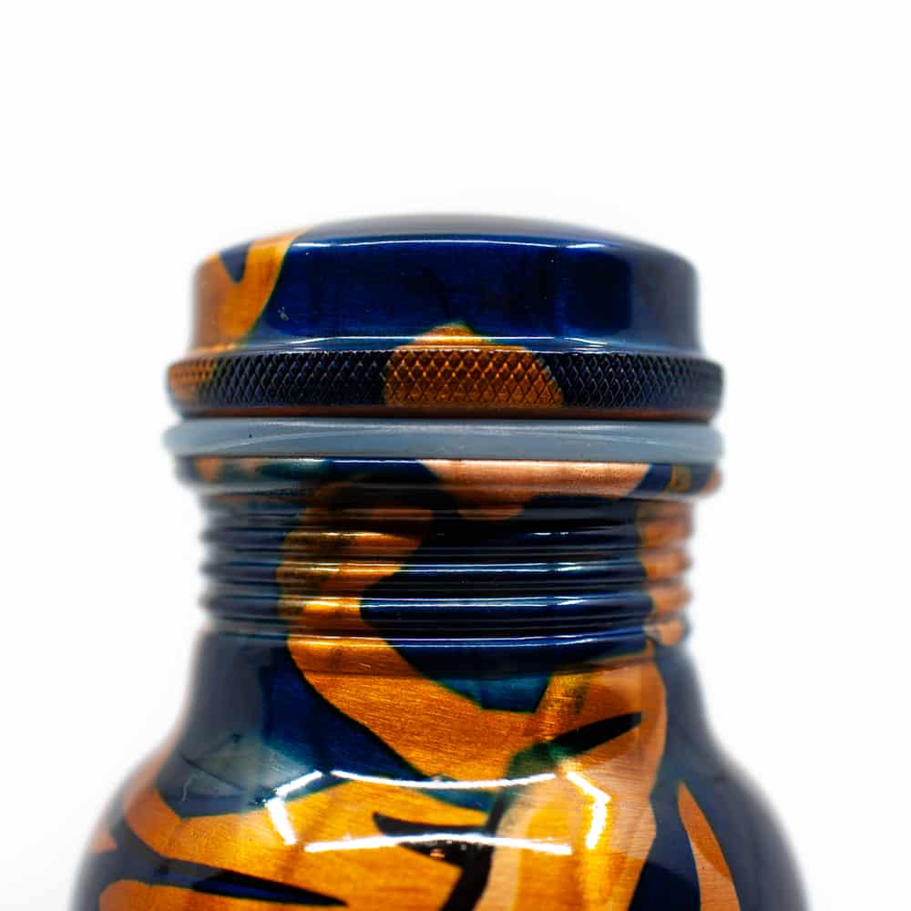 blue and yellow painted copper water bottle