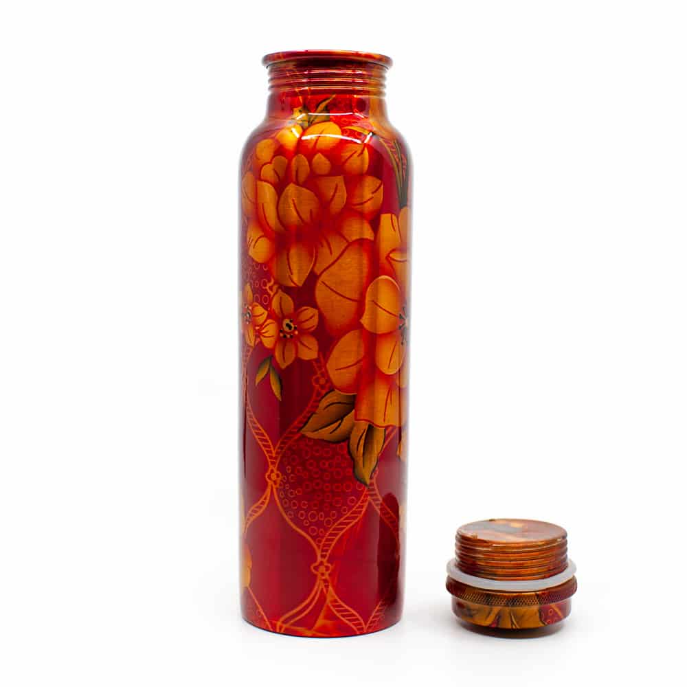 red painted copper water bottle flowers