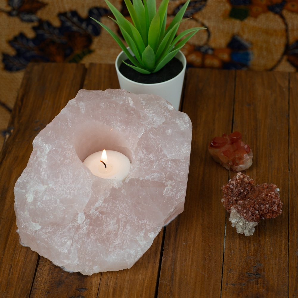 rose quartz tea light holder gemstone raw clusters