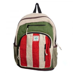 Hemp Backpack Bohemian Green/Red Striped with 3 Front Pockets (42 x 30 x 8 cm)