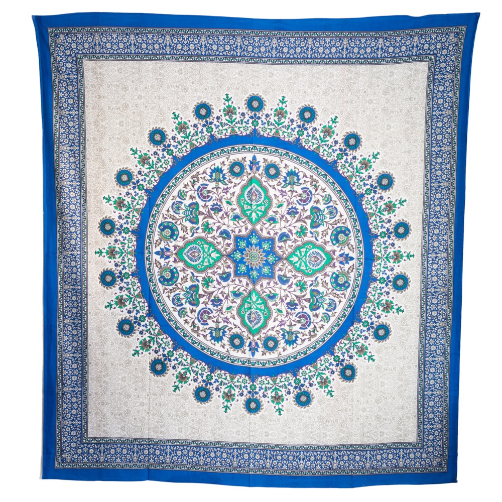 Authentic Mandala Tapestry Cotton Blue Circle with Flowers (206 x 226 cm)