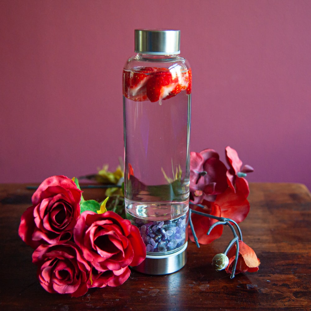 gemstone water bottle amethyst and strawberries with roses