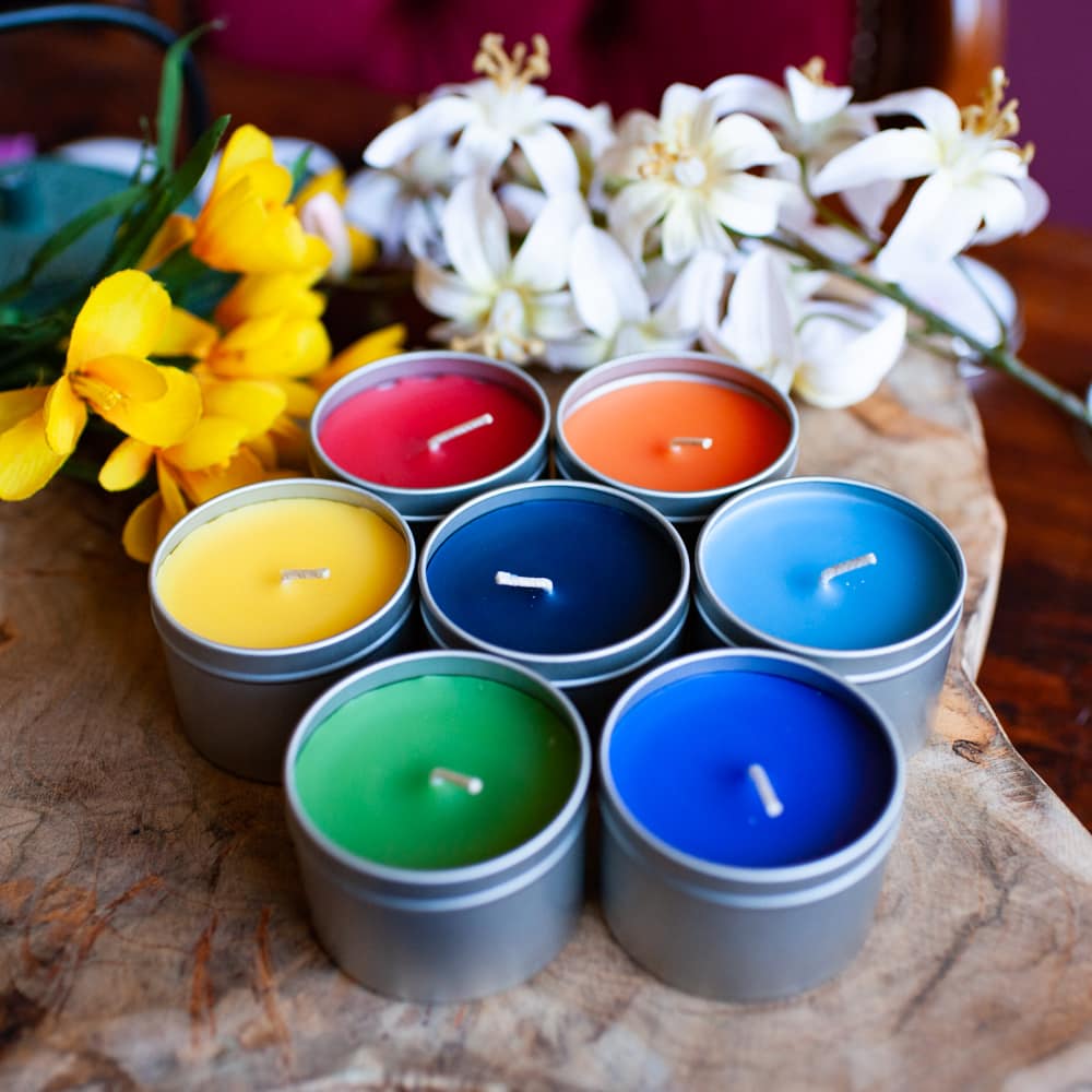 chackra scented candles in tin