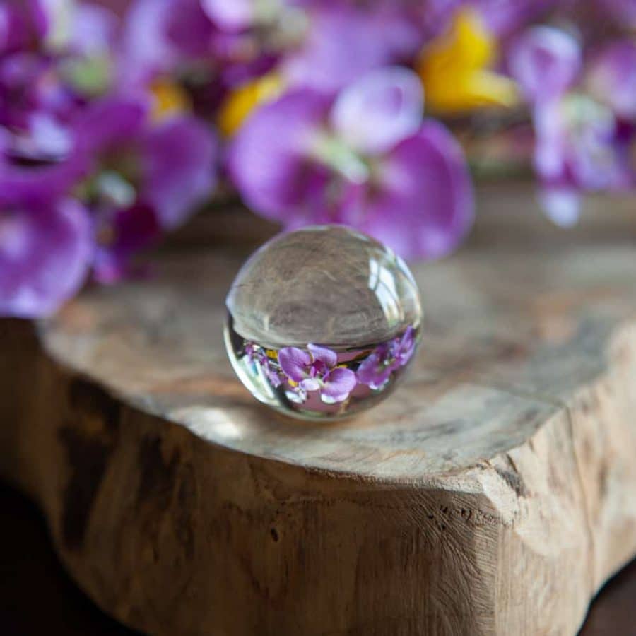 glass ball photography with purple orchids