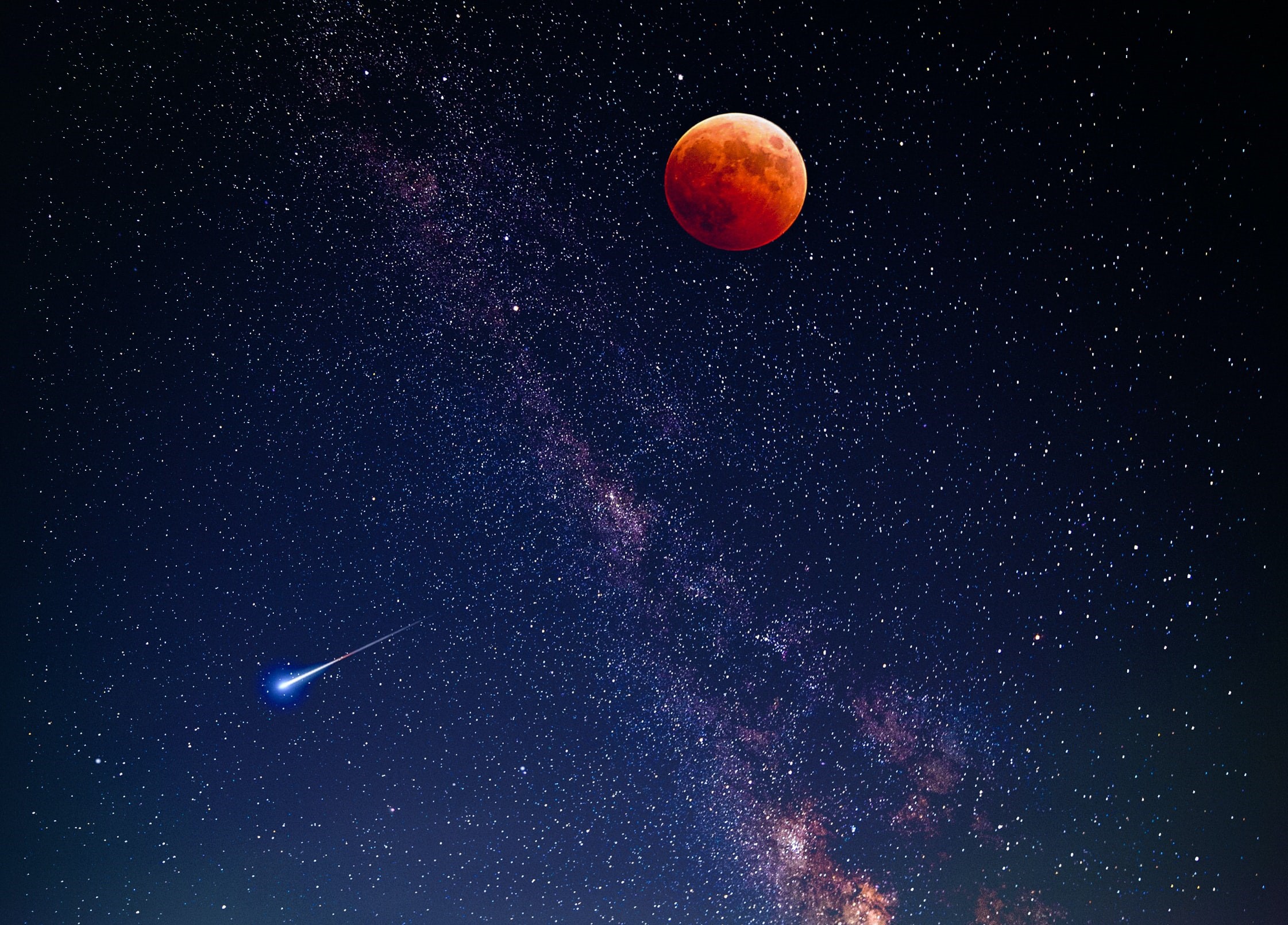 blood moon, milky way, and shooting star