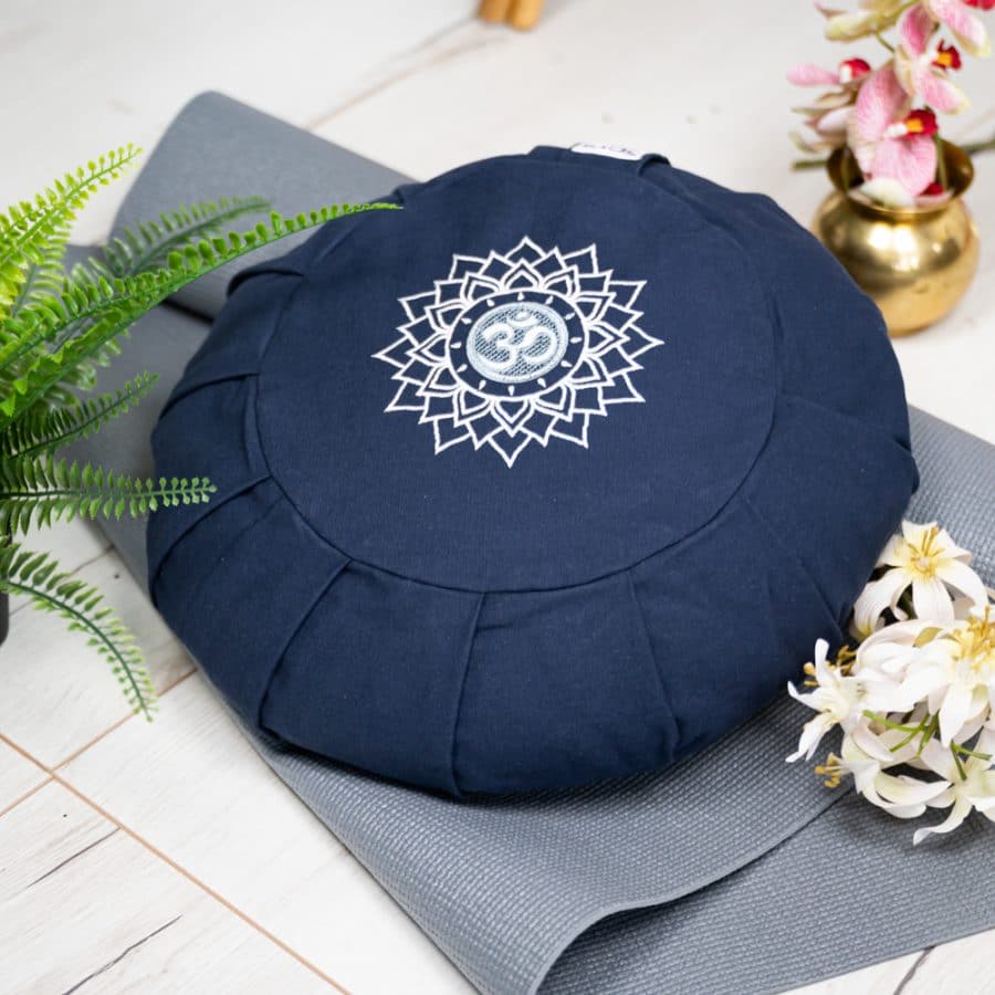 spiru meditation cushion dark blue with ohm and mandala symbol