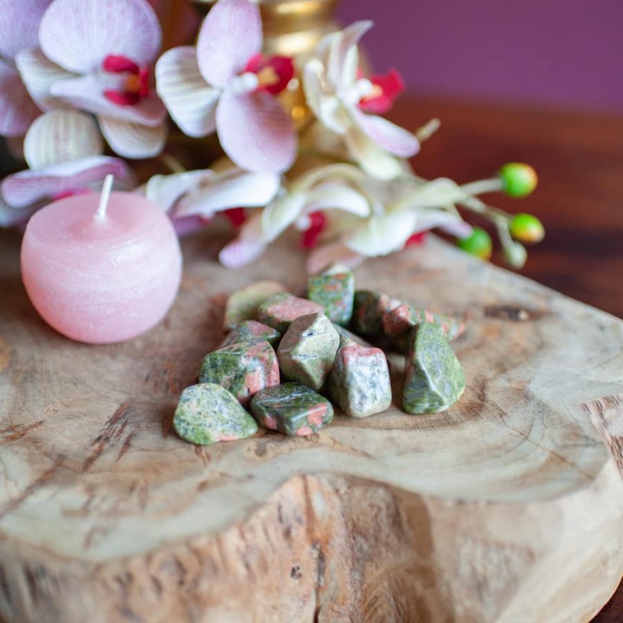 Unakite on wooden block pink candle orchids