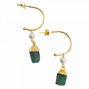 Gemstone Earrings Pearl and Emerald (tinted) 925 Silver Gold Colored (45 mm)