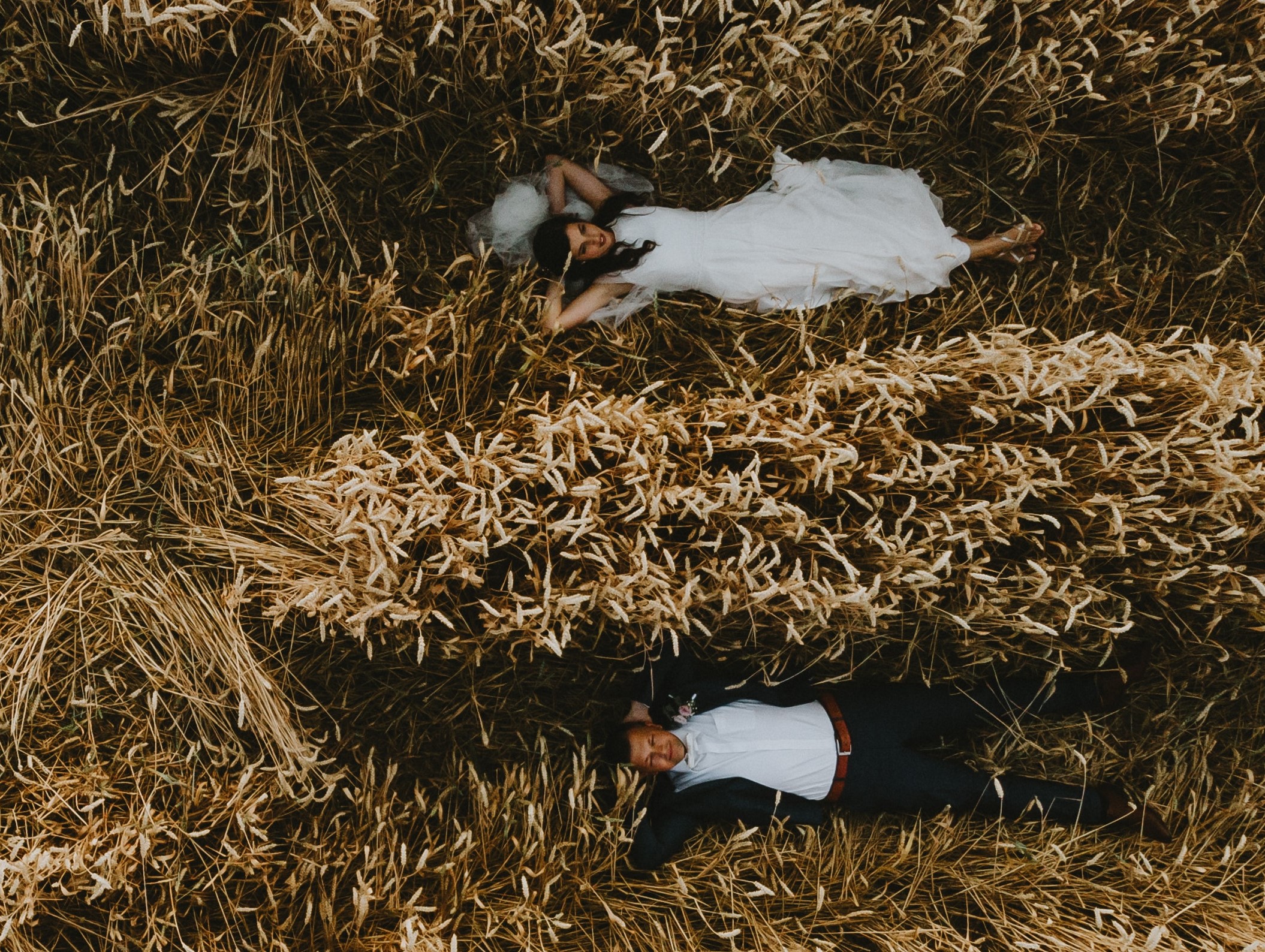 newlyweds laying in wheat field