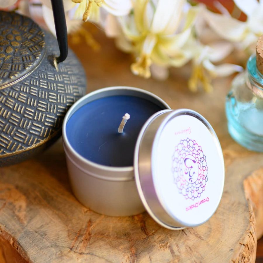 purple crown chakra scented candle in tin with tea pot 
