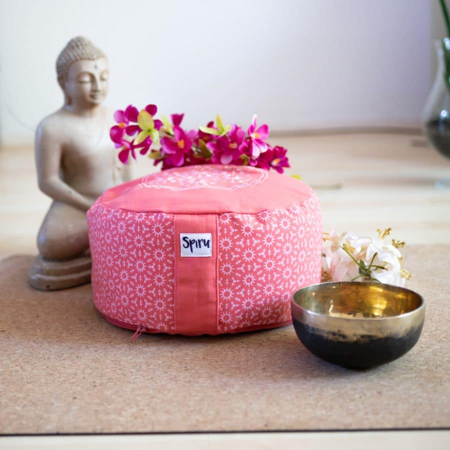 spiru meditation cushion pink with singing bowl and seated buddha statue