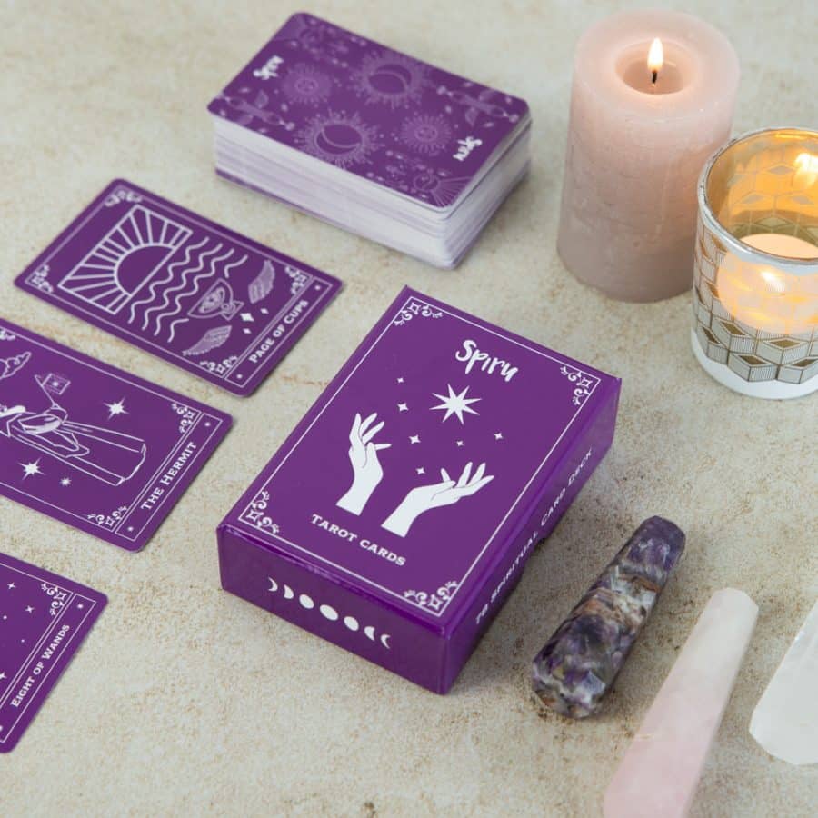 Spiru Tarot Cards purple gemstone points and candles