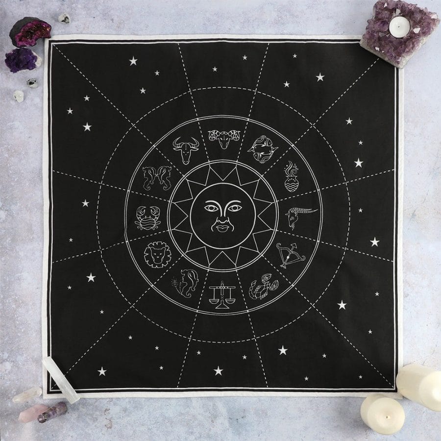 black zodiac altar cloth with gemstone and candles