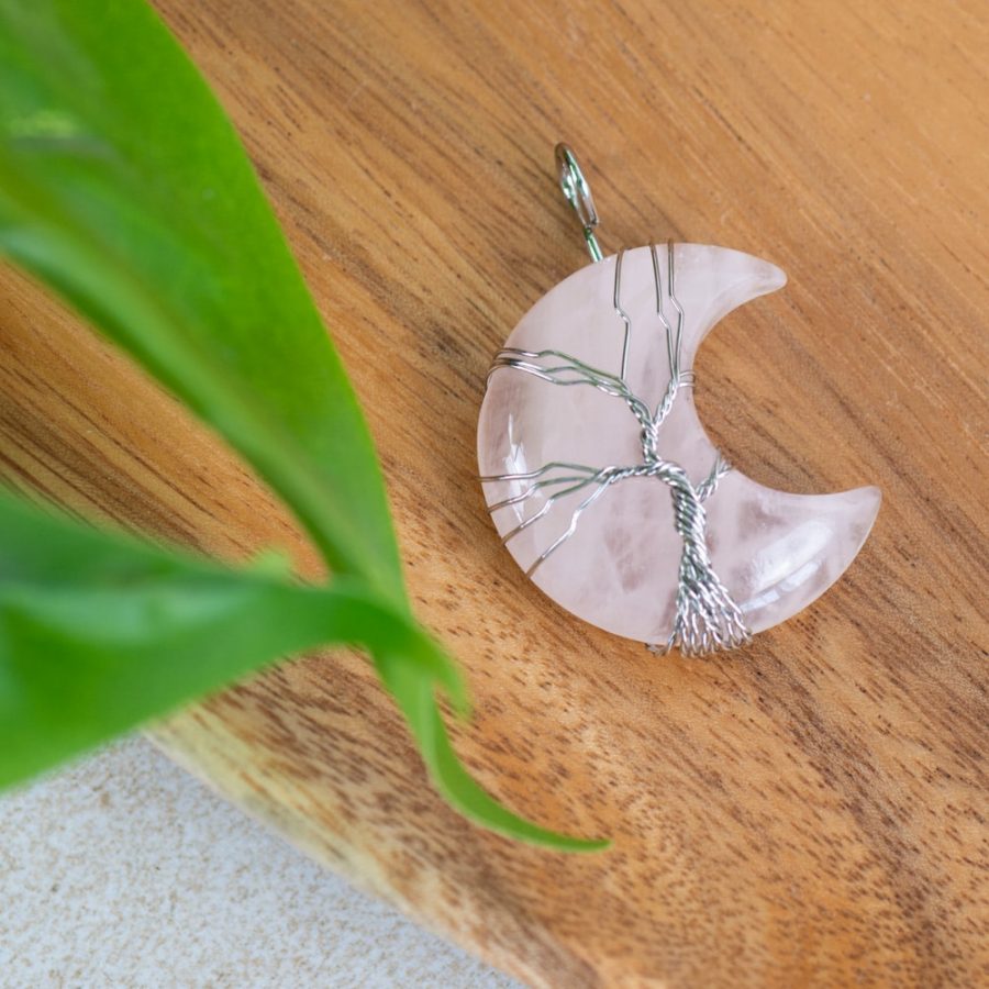 rose quartz waning moon tree of life pendant