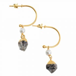 Gemstone Earrings Pearl and Herkimer Diamond 925 Silver Gold Colored (45 mm)