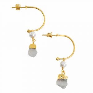 Gemstone Earrings Pearl and Rainbow Moonstone 925 Silver Gold Colored (45 mm)