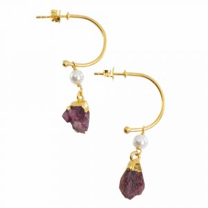 Gemstone Earrings Pearl and Rose Tourmaline 925 Silver Gold Colored(45 mm)