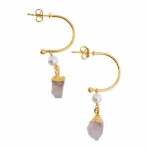 Gemstone Earrings Pearl and Rose Quartz 925 Silver Gold Colored (45 mm)