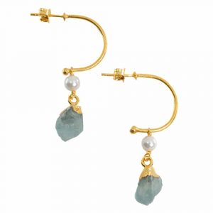 Gemstone Earrings Pearl and Aquamarine 925 Silver Gold Colored (45 mm)