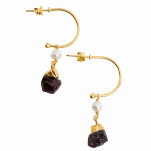 Gemstone Earrings Pearl and Garnet 925 Silver Gold Colored (45 mm)
