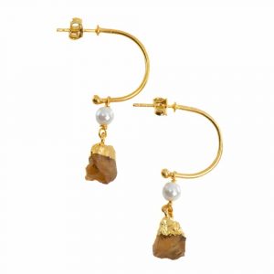 Gemstone Earrings Pearl and Citrine 925 Silver Gold (45 mm)