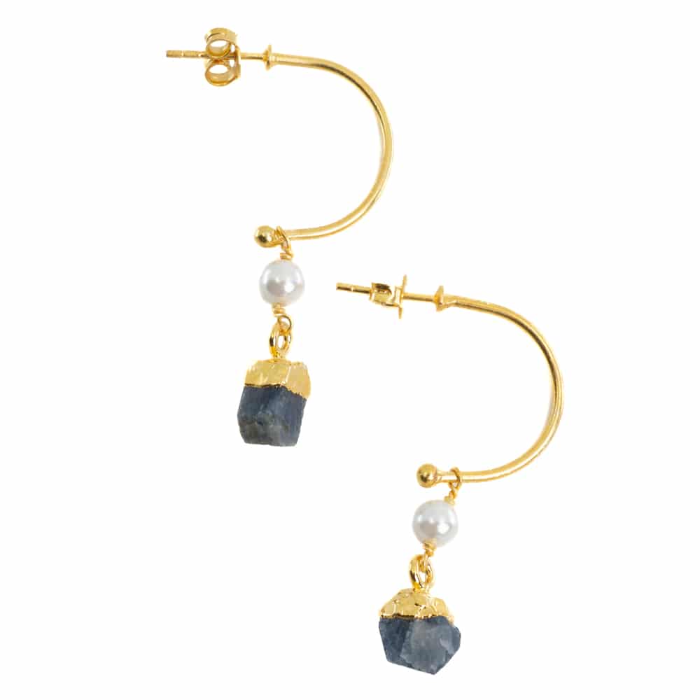 Gemstone Earrings Pearl and Sapphire (tinted) 925 Silver Gold Colored (45 mm)