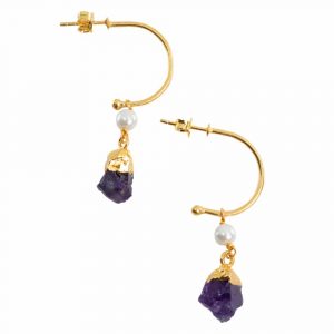 Gemstone Earrings Pearl and Amethyst 925 Silver Gold Colored (45 mm)