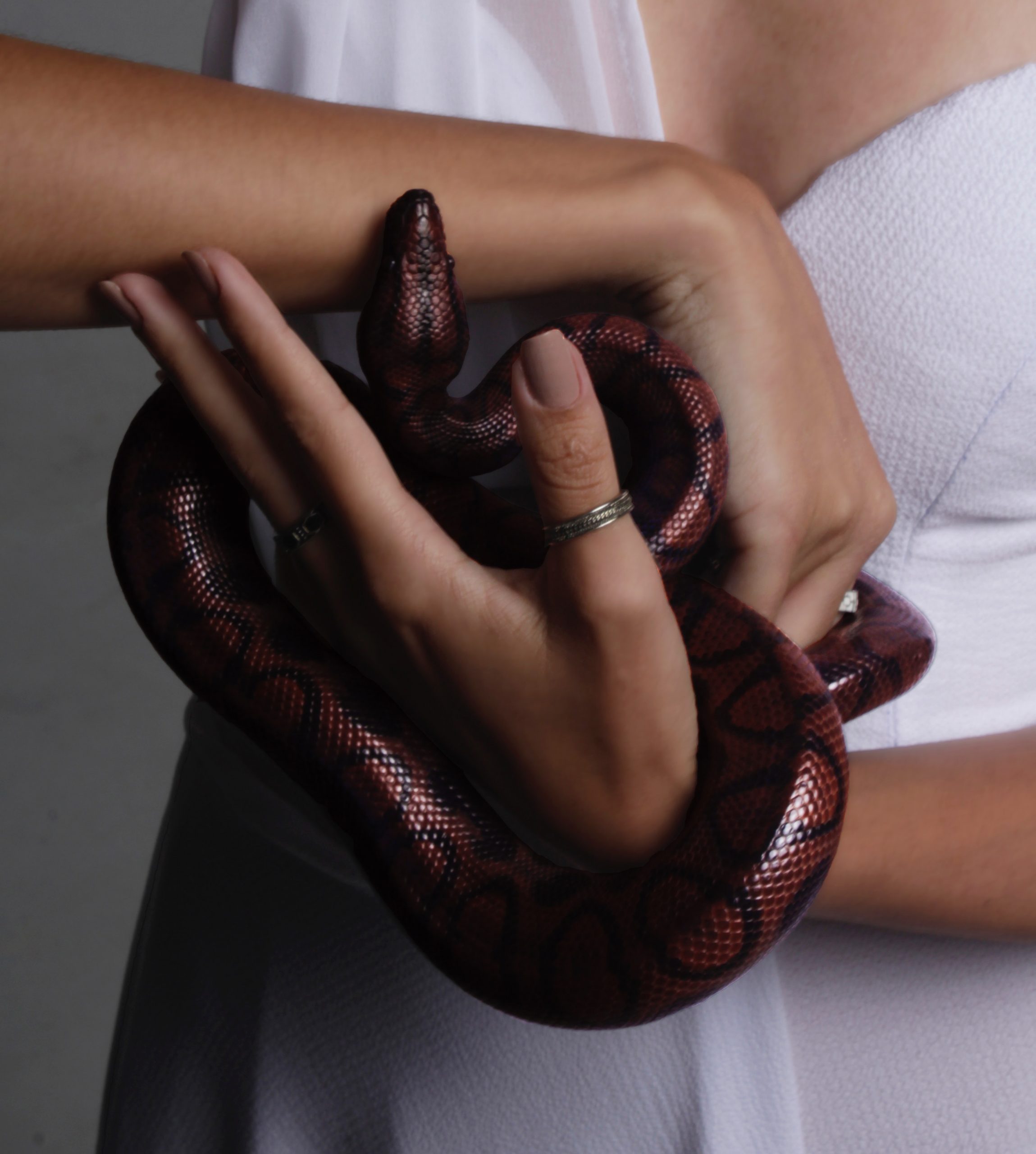 woman wearing white holding red snake