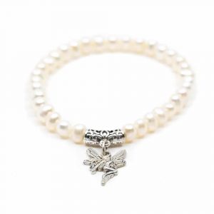 Gemstone Bracelet White Potato Pearls with Angel