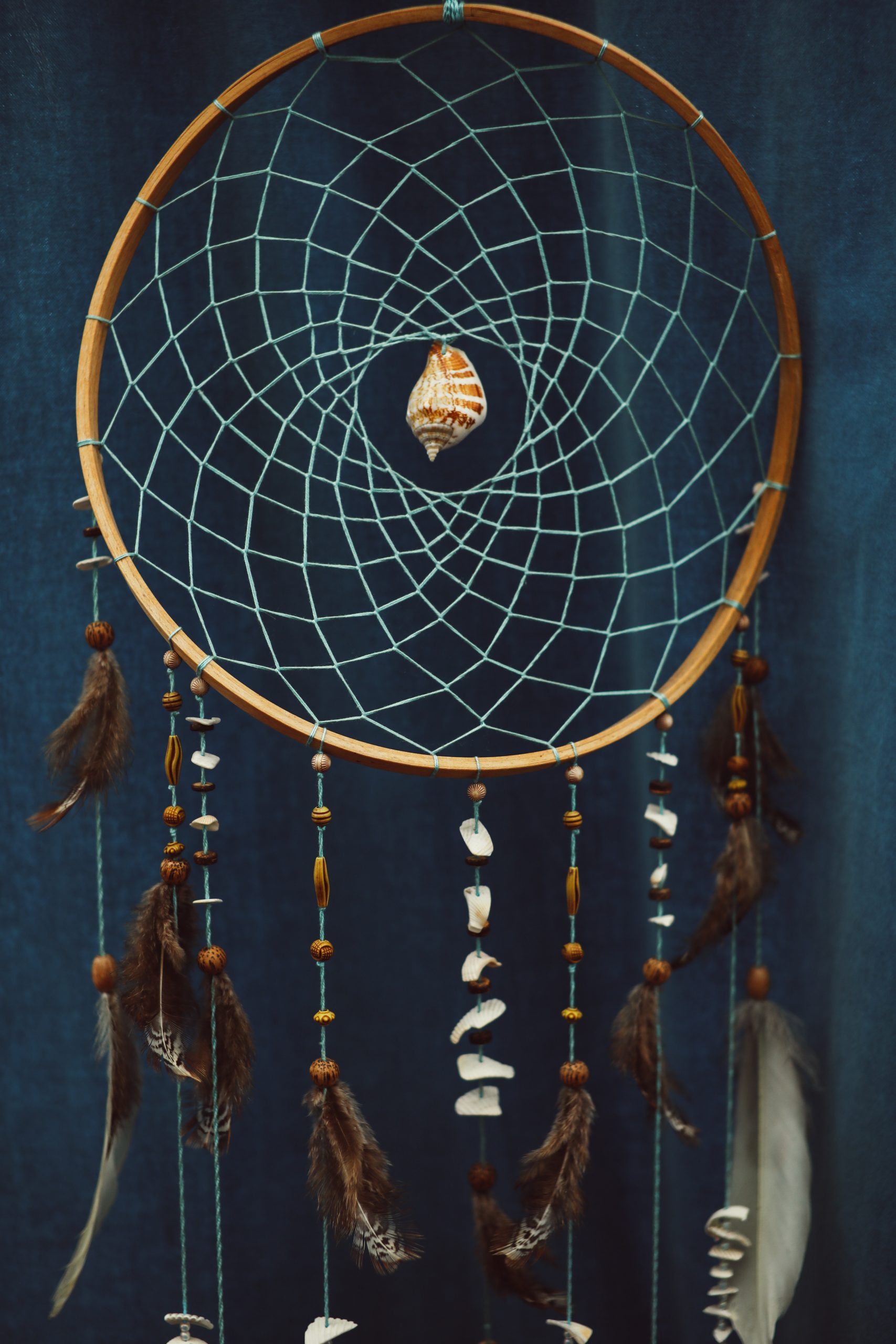 dreamcatcher feather beads shells blue wood