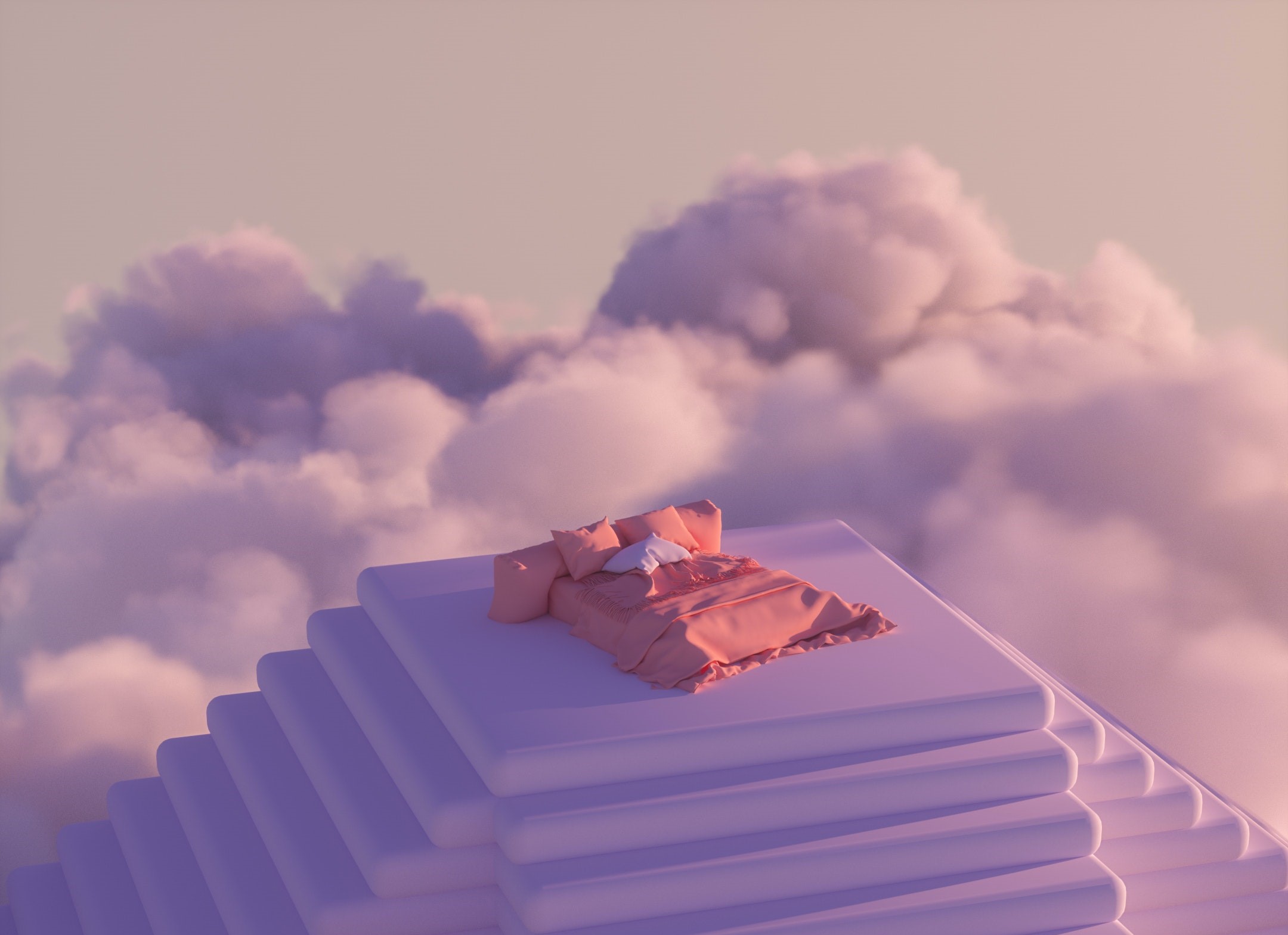 bed on stairs in the sky with clouds pink dream
