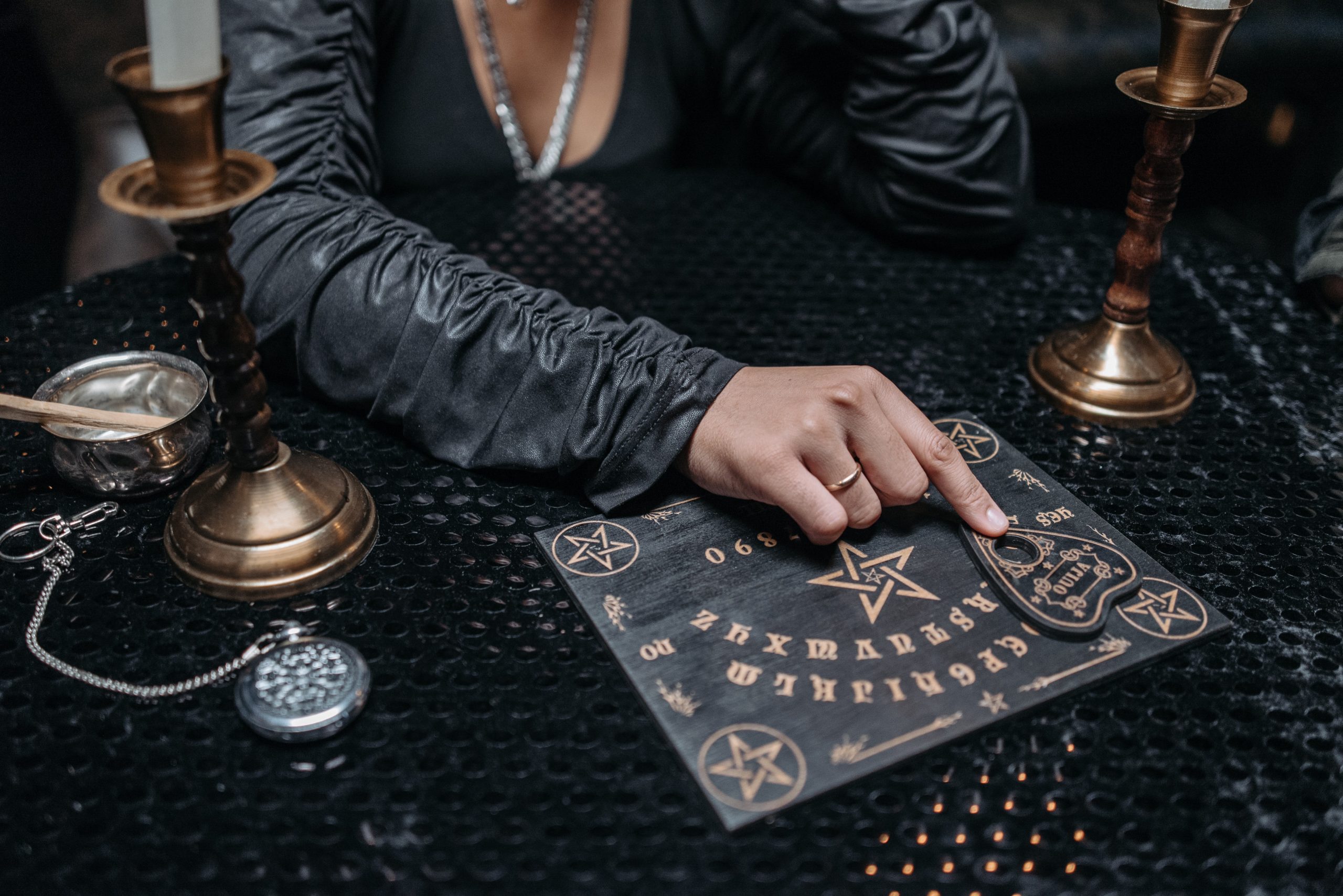 pentagram ouija board black with brass candle holders pocket watch