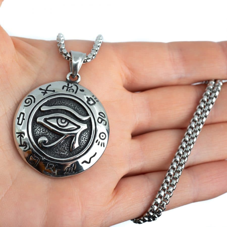 silver eye of ra amulet hieroglyphics